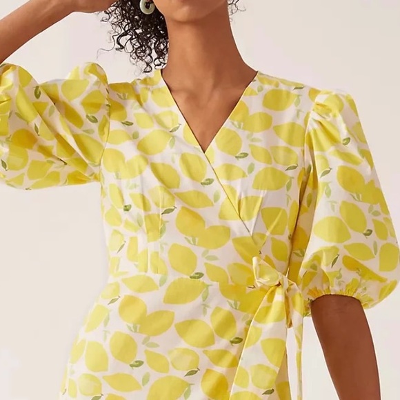 New Hutch x Anthropologie V-Neck Tiered Lemon Wrap XS Yellow White V-Neck Midi - Picture 3 of 8